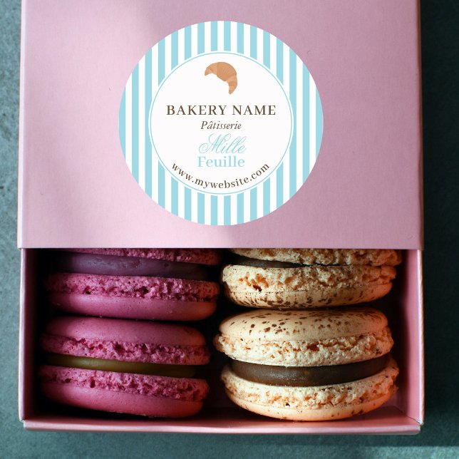 Sticker Rond Preppy Blue Brown Stripes Bakery Logo Product (Preppy Blue Brown Stripes Bakery Logo Product Classic Round Sticker)