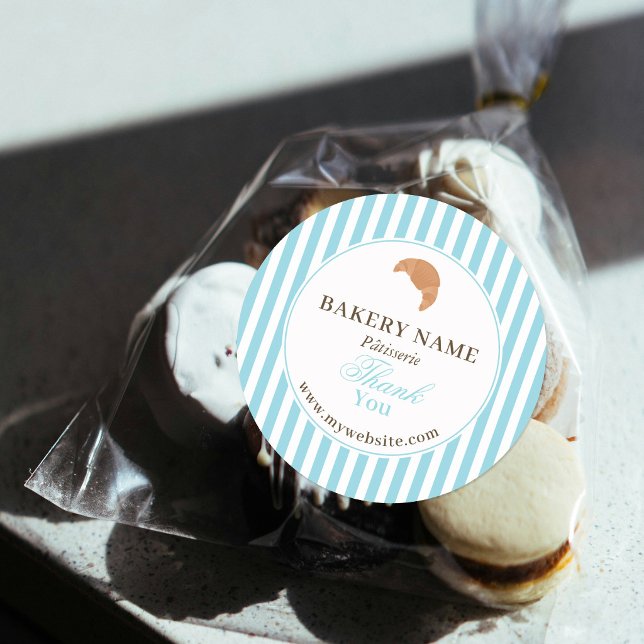 Sticker Rond Preppy Blue Brown Stripes Bakery Logo Thank You (Preppy Blue Brown Stripes Bakery Logo Thank You Classic Round Sticker)