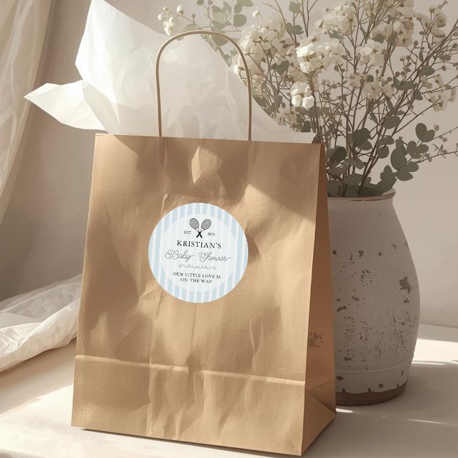 Sticker Rond Preppy Blue Tennis Theme Chic Baby Shower (elegant blue and white striped baby shower stickers with tennis motif for preppy theme events favors)