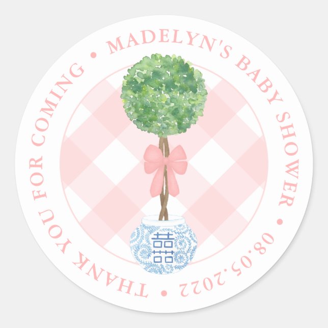 Sticker Rond Preppy Boxwood rose Bow Girl Baby shower Merci (Devant)