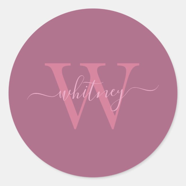 Sticker Rond Preppy Chic Rose Nom Monogrammé + Initiale (Devant)