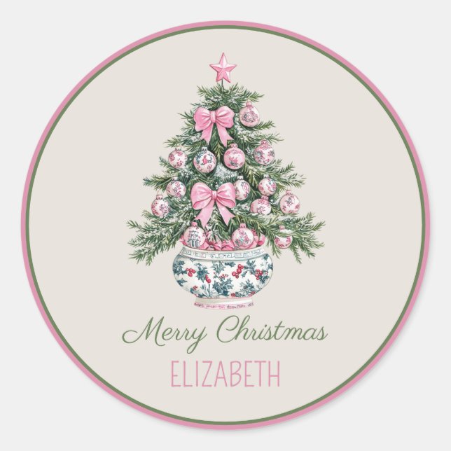 Sticker Rond Preppy Chinoiserie Christmas Tree Personalized (Devant)