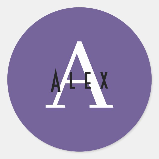 Sticker Rond Préppy Classy Purple Nom du monogramme + initial (Devant)