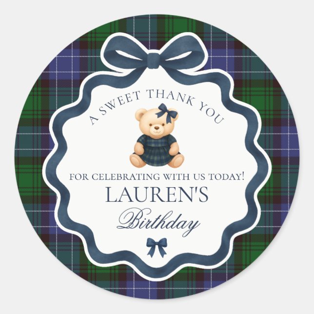 Sticker Rond Preppy Coquette Bow Bear Tartan Birthday Favor (Devant)