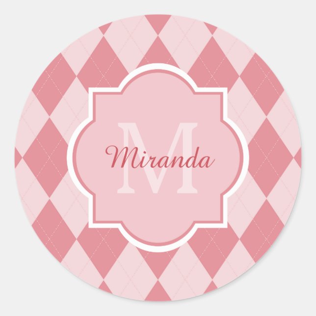 Sticker Rond Preppy Jacquard rose clair Girly Monogramme Nom de (Devant)