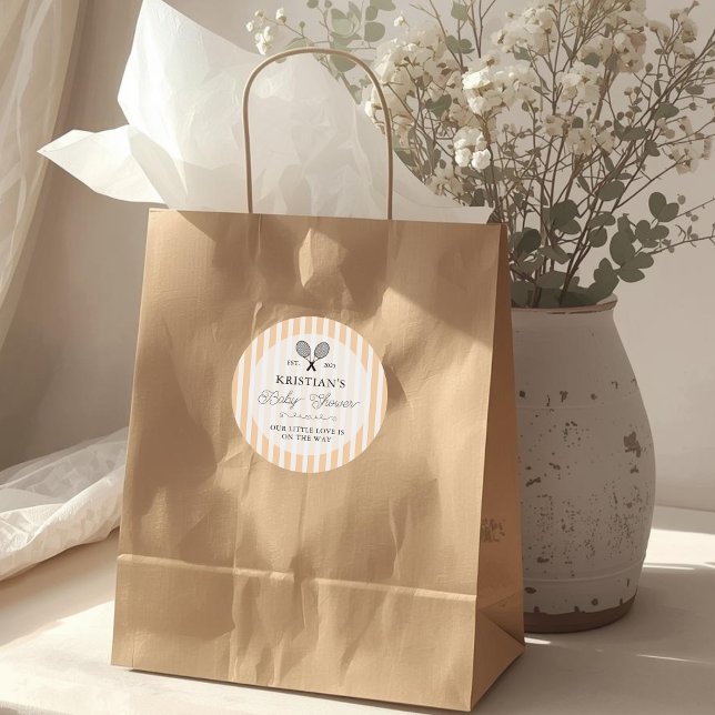 Sticker Rond Preppy Orange Tennis Theme Chic Baby Shower (elegant orange and white striped tennis theme baby shower stickers for thank you gifts favors tags )