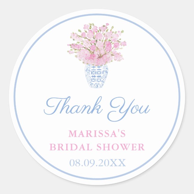 Sticker Rond Preppy Pale Blue Blush Chinoiserie Wedding shower (Devant)