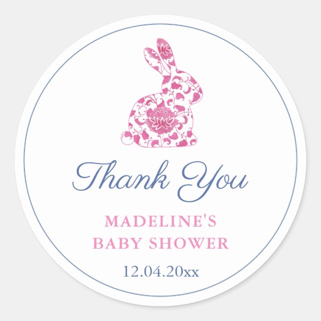 Sticker Rond Preppy Pink Chinoiserie Bunny Baby Shower Favor (Devant)