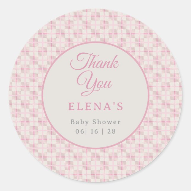 Sticker Rond Preppy Pink Plaid Baby Shower  (Devant)
