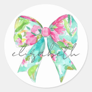 Sticker Rond Preppy Rose et Green Bow Personnalisé
