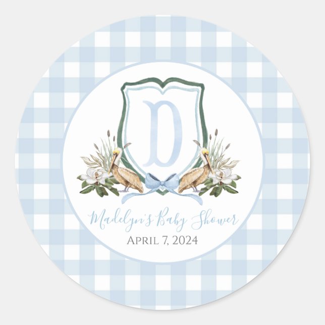 Sticker Rond Preppy Southern Blue Boy Pelican Baby shower (Devant)