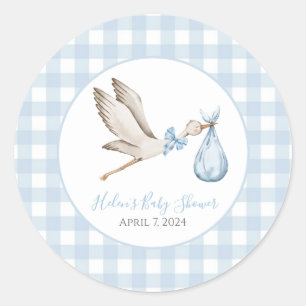 Sticker Rond Préppy Southern Blue Boy Stork Baby shower