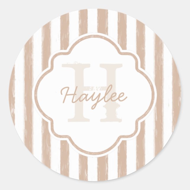 Sticker Rond Preppy Tan Peint Stripes Monogramme et nom (Devant)