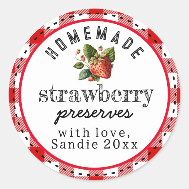 Sticker Rond Preserve de fraises Fait maison Buffle Rouge Plaid (Devant)