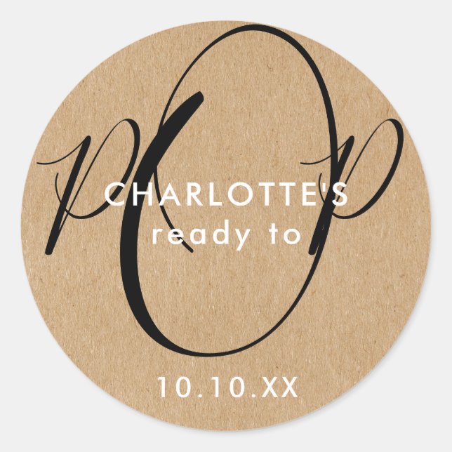 Sticker Rond Prêt à éclore Baby Shower Rustique Kraft Chic Écri (Devant)