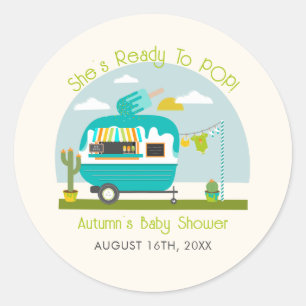 Sticker Rond Prêt À Pop Ice Pop Camper Baby shower Bleu Camper