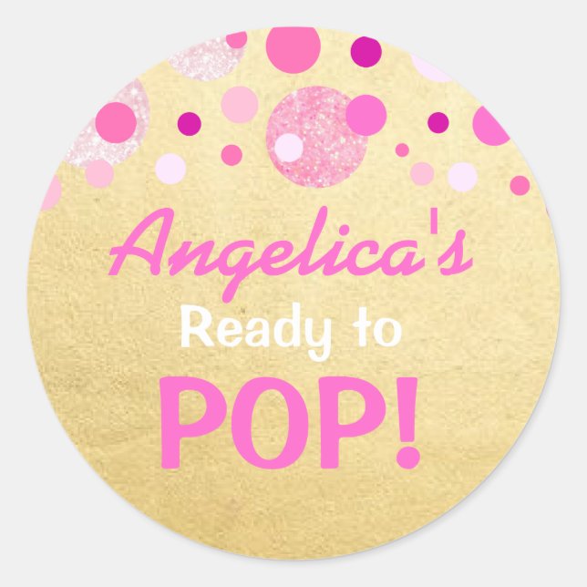 Sticker Rond Prêt pour la pop Baby shower rose or (Devant)