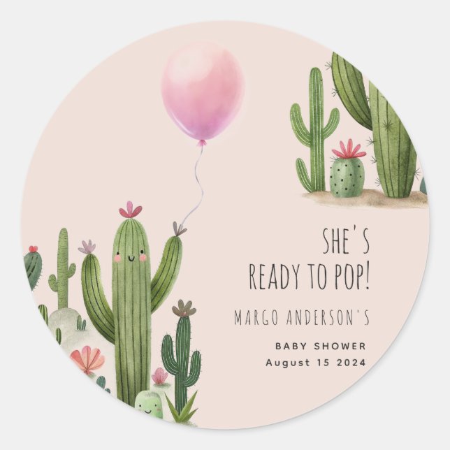 Sticker Rond Prêt pour la Pop Girl Balloon Cactus Baby shower v (Devant)