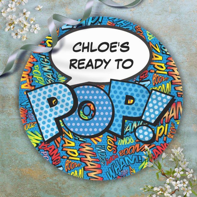Sticker Rond Prêt pour POP Blue Comic Book Baby shower Sprinkel (Ready to POP Blue Comic Book Baby Shower Sprinkle Classic Round Sticker)