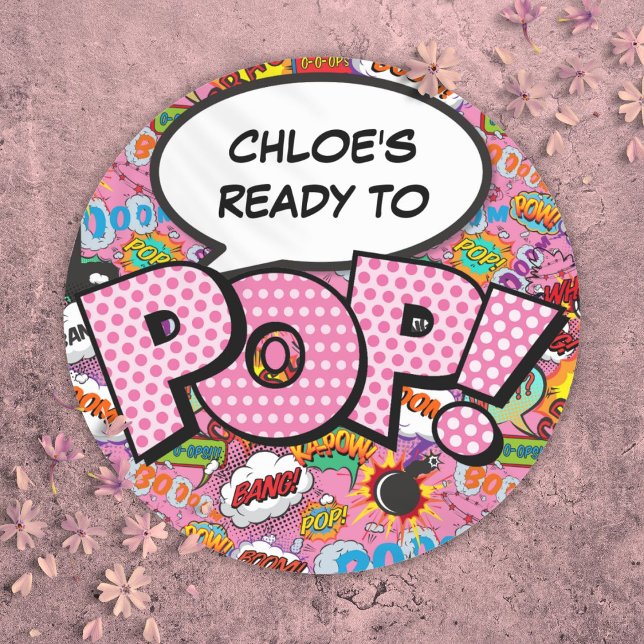 Sticker Rond Prête à faire POP Fête bébé BD Sprinkle Rose (Ready to POP Comic Book Baby Shower Sprinkle Pink Classic Round Sticker)