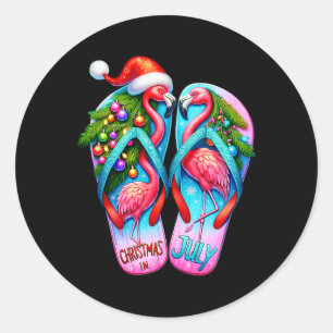 Sticker Rond Pretty Flamingo Flip Flops Été Tropical Noël