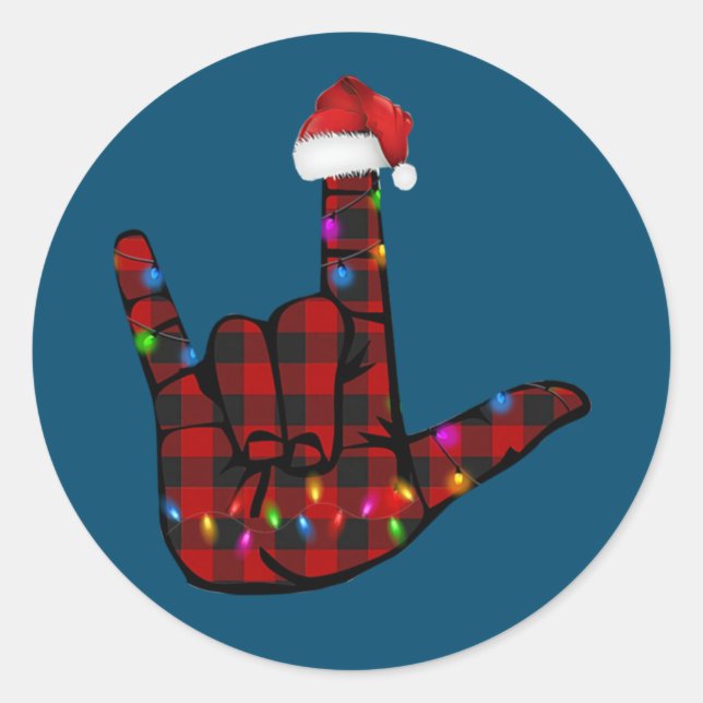 Sticker Rond Pride ASL Merry Christmas Sign Language Red Plaid (Devant)