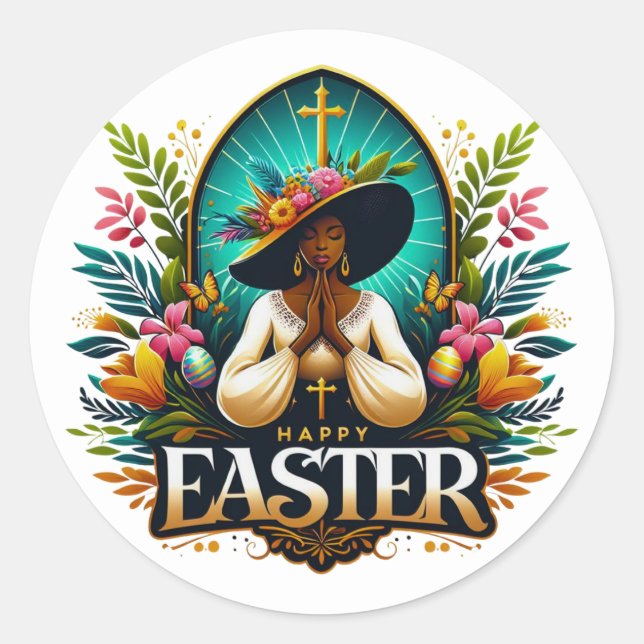 Sticker Rond Prier Une Africaine Américaine Femme Religieuse Pâ (Devant)