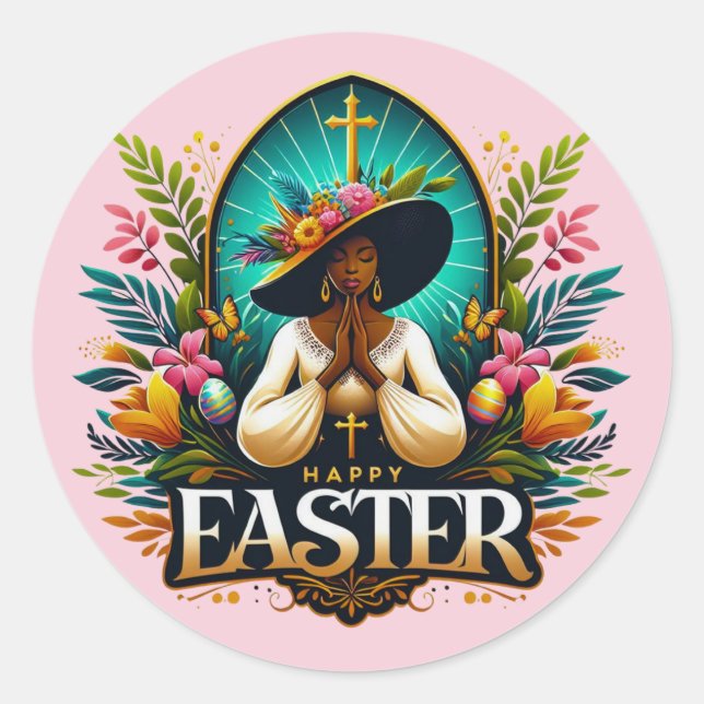Sticker Rond Prier Une Africaine Américaine Femme Religieuse Pâ (Devant)