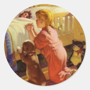 Sticker Rond Prières du coucher, fille avec chiot, religion vin