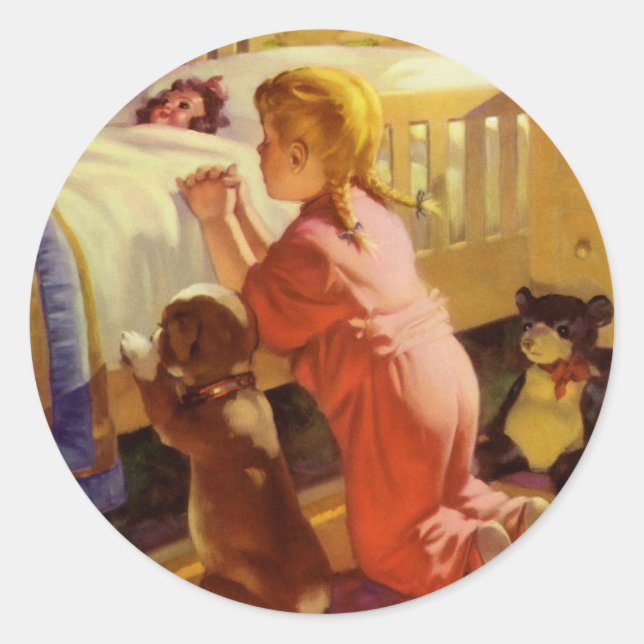Sticker Rond Prières du coucher, fille avec chiot, religion vin (Devant)