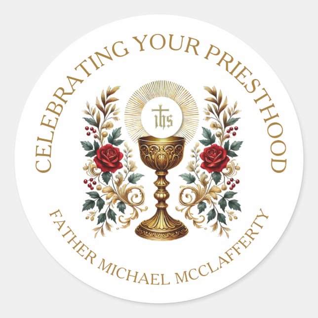 STICKER ROND PRIESTHOOD CHALICE HOST RED ROSES ORDINATION (Devant)
