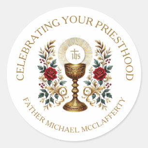STICKER ROND PRIESTHOOD CHALICE HOST RED ROSES ORDINATION