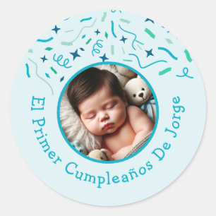Sticker Rond Primer Cumpleaños de Bebé Fiesta Infantil Con Foto