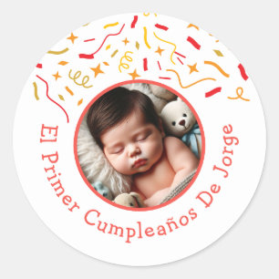 Sticker Rond Primer Cumpleaños de Bebé Fiesta Infantil Con Foto