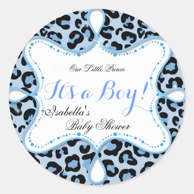 Sticker Rond Prince Baby shower Boy Blue Leopard (Devant)