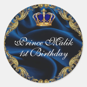 Sticker Rond Prince Royal bleu et or couronne et soie