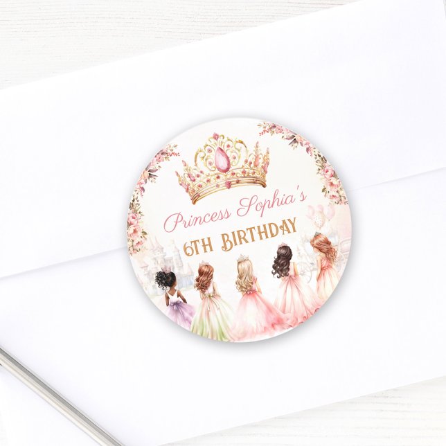 Sticker Rond Princess Crown Rose or Floral Girl Anniversaire (Princess Crown Pink Gold Floral Girl Birthday Classic Round Sticker)