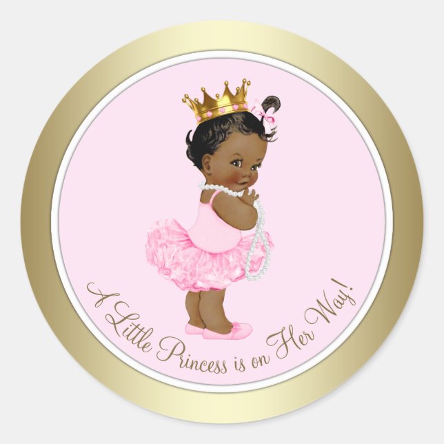 Sticker Rond Princess Tutu Pearls Baby shower d'or rose (Devant)