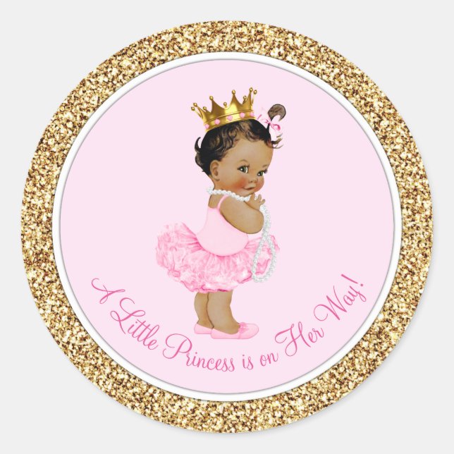 Sticker Rond Princesse Ballerine Ethnique Rose Or Baby Shower (Devant)