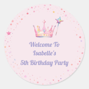 Sticker Rond Princesse Couronne Petite Fille Rose 5ème Annivers