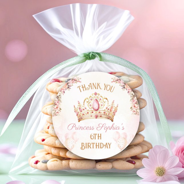 Sticker Rond Princesse Couronne rose florale Fille Anniversaire (Princess Crown Pink Floral Girl Birthday Favor Classic Round Sticker)