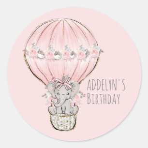 Sticker Rond Princesse Elephant Balloon Fille Anniversaire Nom