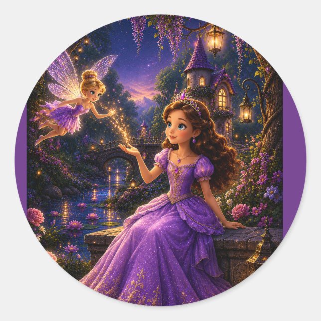 Sticker Rond Princesse enchantée et château de jardin de fées F (Devant)