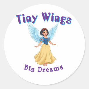 Sticker Rond Princesse Fée Avec Des Ailes Bleues Et Une Robe Ja