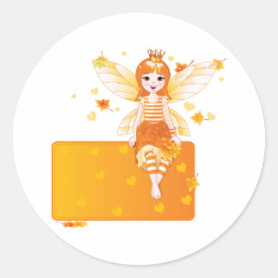 Sticker Rond Princesse Fée d'automne avec Feuilles orange et Co