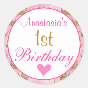 Sticker Rond Princesse Féminine Rose et Or Paillettes 1er Anniv
