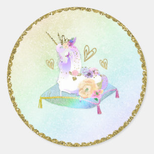 Sticker Rond Princesse Licorne Arc-en-ciel Pastel Fête Iridesce