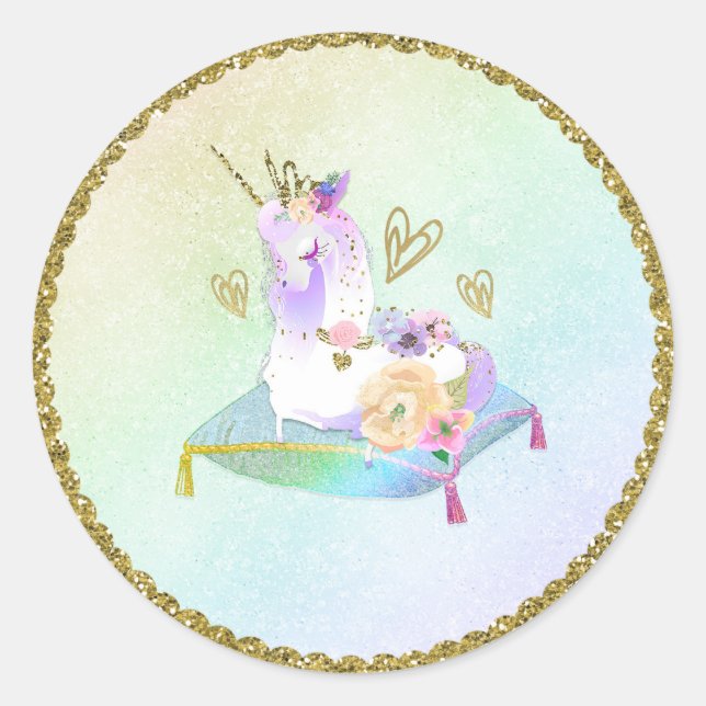 Sticker Rond Princesse Licorne Arc-en-ciel Pastel Fête Iridesce (Devant)
