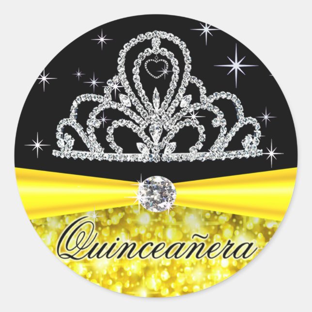 Sticker Rond Princesse noire jaune Tiara Quinceanera Bling (Devant)
