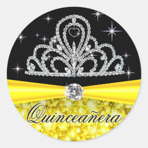 Sticker Rond Princesse noire jaune Tiara Quinceanera Bling
